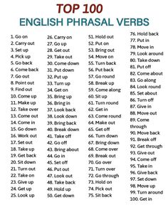 the top 100 english phrasal verbs are shown in red and blue letters