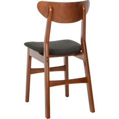 a wooden chair with a black seat cushion