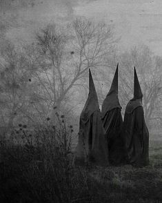 three witches standing in the woods with their heads turned to look like they are wearing black cloaks