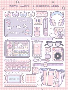 a pink and white poster with various items on it