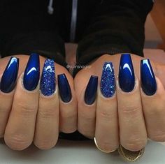 Prom Nails Red, Prom Nails Silver, Blue Coffin Nails, Blue Glitter Nails, Blue Acrylic Nails, Short Coffin Nails, Blue Nail Polish, Pretty Nail Designs