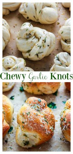 garlic knots on a baking sheet with text overlay