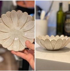 two pictures one is white and the other has a flower shaped bowl