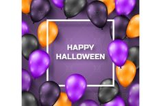 purple and orange balloons with the words happy halloween on it in a square white frame