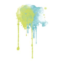 an abstract painting with yellow and blue paint dripping down it's sides on a white background