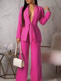 2pcs Casual Office Wear Knotted Front Waist Slim Fit Blazer & Straight Leg Pants Suit Set Hot Pink Elegant    Plain  Non-Stretch  Women Clothing, size features are:Bust: ,Length: ,Sleeve Length: Womens Professional Suits, Hot Pink Blazers, Casual Professional, Womens Suits Business, Pink Suit, Business Pants, Women Formals, Pink Blazer, Business Suit