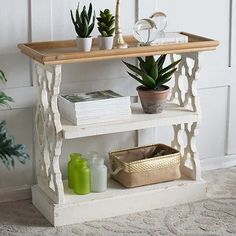 a white shelf with some plants on it