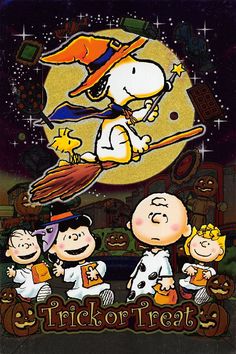 the peanuts movie poster for trick or treat, featuring three children dressed as halloween characters