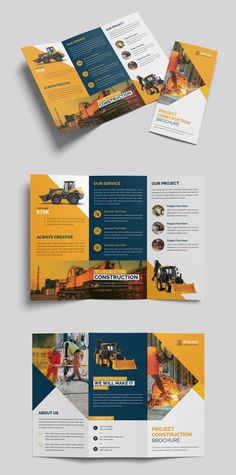 the construction company tri fold brochure is shown in blue and yellow colors with an image