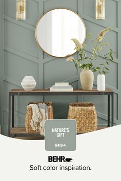 an advertisement for behr's soft color inspiration, featuring a mirror and wicker baskets