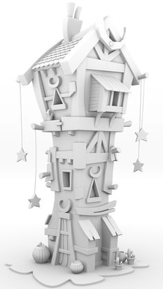 a tall white house with lots of windows and stars hanging from it's roof