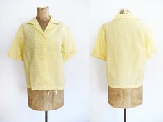 "Vintage 1950s women's light yellow and cream gingham plaid blouse Blouse has a simple double notched collar and cuffed short sleeves. Buttons down the front. No tags Material: Unknown, manmade and very crisp (may be deadstock)  Best fit: S/M Good vintage condition  Length: 21\" Chest: 38\" Shoulder: 15.5\" Sleeve: 9\"" Vintage Gingham Blouse For Summer, Vintage Gingham Summer Blouse, Summer Vintage Gingham Blouse, Vintage Gingham Blouse For Spring, Spring Vintage Gingham Blouse, 1950s Shorts, 1950s Woman, Yellow Gingham, Plaid Blouse