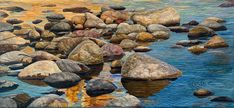 a painting of rocks in the water with orange and yellow reflections on it's surface