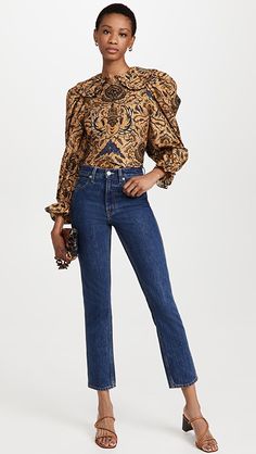 The Marietta Blouse is printed in Cosmic Batik in Ulla Johnson's signature cotton. Beautiful architectural sleeves and a perfectly framed oversized collar with a twisted ruffle piping. 100% cotton. Oversized Collar, New York Street, High Fashion Street Style, China Fashion, Ulla Johnson, Jean Outfits, Bell Bottom Jeans, Piping, Batik