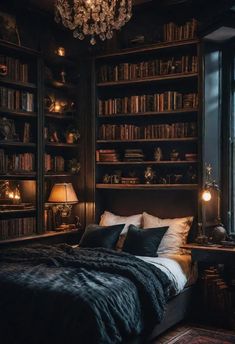 a bedroom with bookshelves and a chandelier hanging from it's ceiling