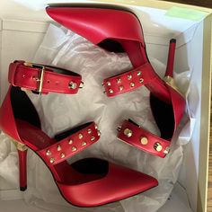 Micheal Michael Kors Amal Pumps In Red.. Worn Once Indoors Like Brand New Comes With Original Box. Size 6 Red Spiked Heels For Party, Michael Kors High Heels, Blush Heels, Gold Strappy Heels, Michael Kors Heels, Caged Heels, Evening Sandals, Studded Heels, Ankle Strap Shoes