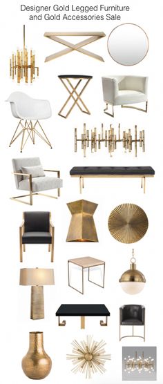 an assortment of modern furniture and accessories in gold, black, and white colors with text overlay that says designer gold - legged furniture and gold accessories sale