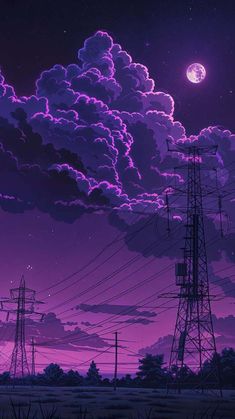 the sky is filled with purple clouds and power lines