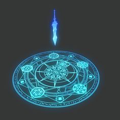 a glowing blue circular object on a black background with an arrow in the center and several circles around it