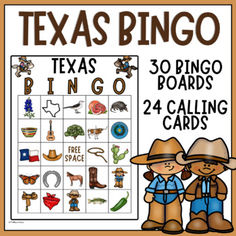 a poster with the words texas bingo on it and two cowboys standing next to each other