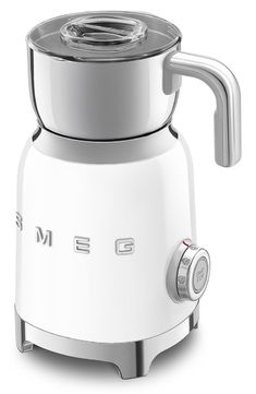 an image of a white coffee maker on a white background with the word gmg written in silver