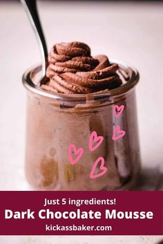 Small glass jar of dark chocolate mousse with a spoon sticking out the top. Chocolate Mousse With Cocoa Powder, Mousse Recipes Easy, Chewy Chocolate Brownies, Easy Chocolate Mousse, Dark Chocolate Mousse, Decadent Chocolate Desserts, Chocolate Glazed Donuts, Chocolate Mousse Recipe