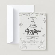 a white christmas party card with an image of a tree and reindeers on it