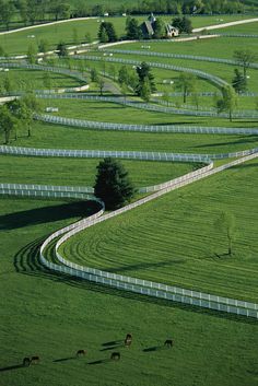 an aerial view of a green field with white fences