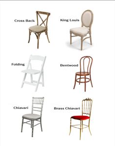 different types of chairs with names on the back and sides, including one for each chair