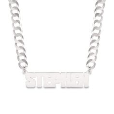 He'll love the confident vibe of this personalized name necklace. Fashioned in sterling silver, this design showcases a name - between two and 10 characters in length - sculpted in a block font. Polished to a bright shine, this look suspends centered along a 20.0-inch curb chain that secures with a lobster claw clasp. Custom Silver Nameplate Necklace, Silver Nameplate Custom Necklace, Silver Nameplate Jewelry With Names, Personalized Modern Name Necklace For Anniversary, Modern Personalized Name Jewelry, Modern Custom Name Jewelry For Personalized Gift, Silver Letter Name Necklaces, Silver Customizable Nameplate Necklace, Customizable Silver Nameplate Necklace