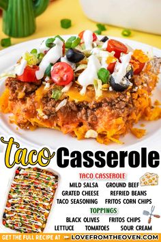 taco casserole on a white plate with text overlay that reads taco casserole