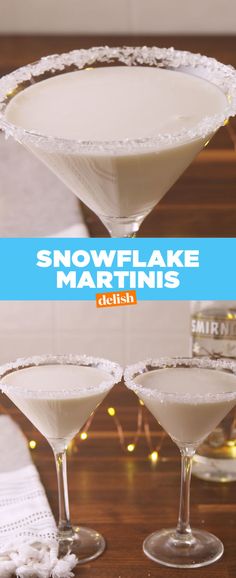 three martinis with snowflake on the rim and garnished in sugar