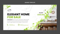 an elegant home for sale banner with green geometric shapes on the wall and wooden table