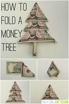 dollar bill origami christmas tree made out of toilet paper with the words how to fold a money tree