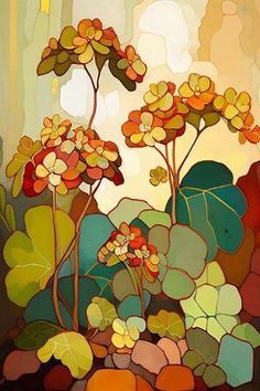 an abstract painting of flowers and leaves