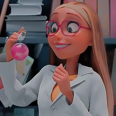 a cartoon character holding a pink object in her hand