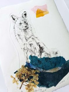 a drawing of a white bear sitting on top of a piece of paper with flowers in it