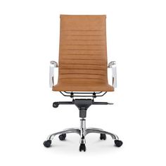 a brown office chair with chrome base and armrests on an isolated white background