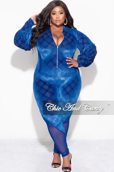 Final Sale Plus Size Velvet Mesh Contrast Zip-Up Jumpsuit in Royal Blu – Chic And Curvy Plus Size Velvet, Stretch Jumpsuit, Chic And Curvy, Zip Up, Round Neckline, Plus Size Outfits, Final Sale, Royal Blue, Jumpsuit Romper