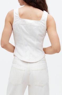 Made of all-cotton denim, this top has a square neckline and buttons all down the front. The flattering seaming makes it extra special. 20 1/" length (size 8) Front button closure Square neck Sleeveless 100% cotton Machine wash, tumble dry Imported Sleeveless Medium Wash Denim Top With Button Closure, White Cotton Buttoned Tank Top, White Cotton Tank Top With Button Closure, Fitted Button-up Tank Top With Button Closure, White Button-up Tops With Patch Pockets, Madewell Denim, Button Front Top, Long Sleeve Tee Shirts, Sleeveless Mini Dress