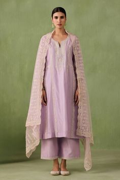 Lilac paneled kurta with dori and aari work embroidery, pearls, sequins, and bead embellishments. Comes with a intricately embroidered organza dupatta and an embroidered hem palazzo. - Aza Fashions Elegant Traditional Wear With Gota Work For Designer Wear, Elegant Traditional Wear With Gota Work, Traditional Unstitched Suit With Gota Work For Reception, Elegant Embroidered Fabric With Gota Work For Diwali, Elegant Embroidered Fabric With Gota Work For Festive, Elegant Tussar Silk Palazzo Set With Zari Work, Chikankari Embroidery Raw Silk Dupatta For Reception, Festive Kurta With Resham Embroidery On Tissue Silk, Elegant Salwar Kameez With Gota Work And Traditional Drape