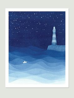 a painting of a lighthouse with a paper boat floating in the ocean at night time