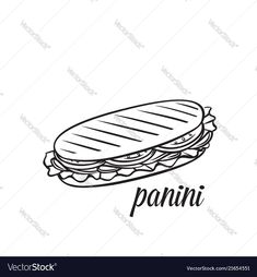 a sandwich with the word panini in black and white ink on a white background