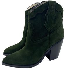 Marc Fisher Gona Bootie Brand New Without Box. The Marc Fisher Ltd Gona Western Booties Are Soon To Be Your Next Go-To Booties. Featuring A Classic Western Style Design And Mid Heel. Leather Uppers Block Heel Pull On Style Size: 6.5 Heel Height: 3.74"" Suede Lined Ankle Boot Heels For Fall, Fall Green Heeled Boots With Reinforced Heel, Green Boots With Stacked Heel And Round Toe, Green Block Heel Boots For Fall, Casual High Heeled Boots With Suede Lining, Casual High Heel Boots, Green Heeled Boots With Reinforced Heel For Spring, Chic Green Boots With Reinforced Heel, Green Ankle Booties For Fall