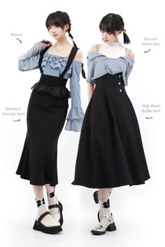 Devilinspired special recommendation: blue off-the-shoulder ruffle trim blouse / black high waist mermaid overalls skirt / blue chiffon short sleeve blouse and white vest set / black high waist ruffle skirt button decorated waistband. ❤ 12% Off Regular Price Items, Code: CBSS12 & Free Shipping over $99.00 till March 31st ❤ Half Pants Half Skirt, Asian Long Skirt Outfits, Punk Woman Outfit, Cool Female Outfits, Blouse Drawing Reference, Minimalist Art Style, Outfits From The 80s 1980s Fashion Trends, Waist Up Poses Drawing, Casual Japanese Fashion