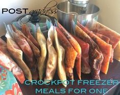 there are several different types of meats on the table with text overlay that reads crockpot freezer meals for one person