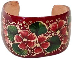 It's Time To Change, Adjustable Bangle Bracelet, Mexican Artists, Adjustable Bangle, Flowers And Leaves, Red Floral, Bangle Bracelet, Bangle Bracelets, Jewelry Collection