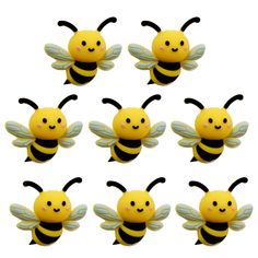 six yellow and black bees with different faces