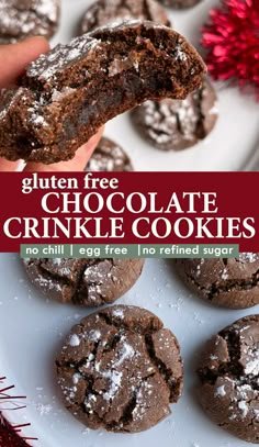 gluten free chocolate crinkle cookies on a white plate with text overlay