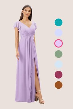 a woman in a long purple dress standing next to color swatches and the image shows different colors